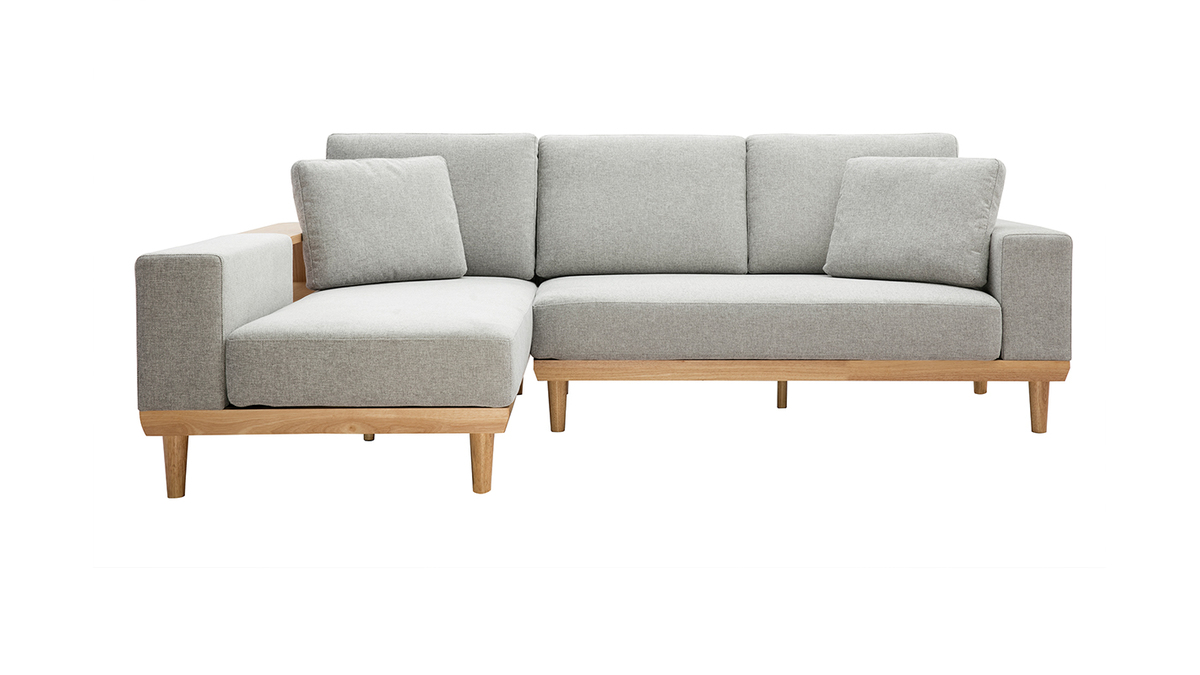 Ecksofa 5-Sitzer mit Stauraum hellgrauer Stoff mit strukturiertem Samteffekt und helles Holz KOMAO.