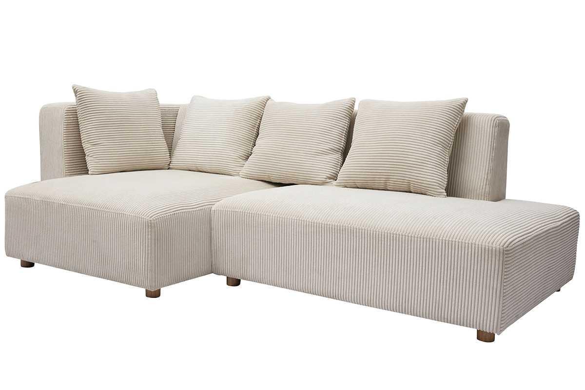 Ecksofa links 3-Sitzer aus beigem Cord-Flachgewebe und hellem Holz HARLEM