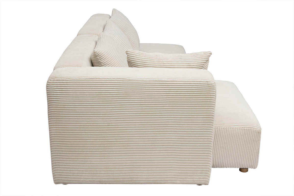 Ecksofa links 3-Sitzer aus beigem Cord-Flachgewebe und hellem Holz HARLEM