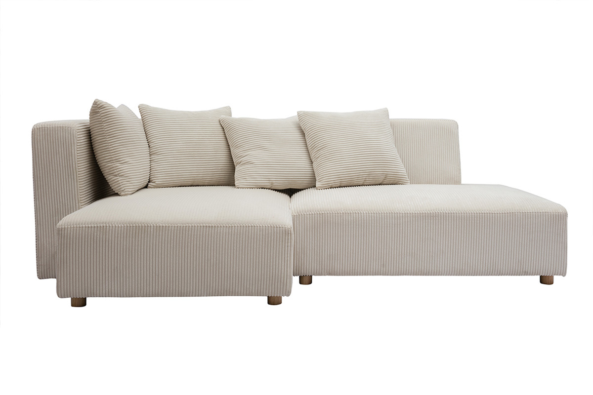 Ecksofa links 3-Sitzer aus beigem Cord-Flachgewebe und hellem Holz HARLEM