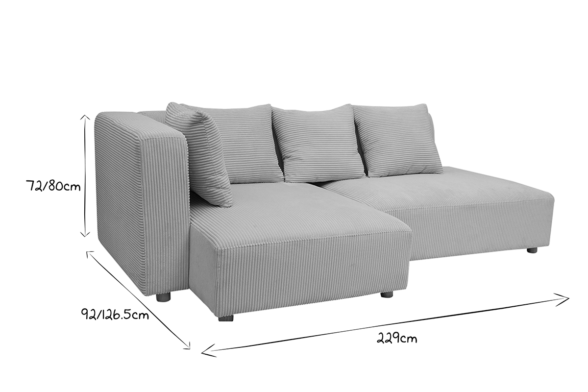 Ecksofa links 3-Sitzer aus beigem Cord-Flachgewebe und hellem Holz HARLEM