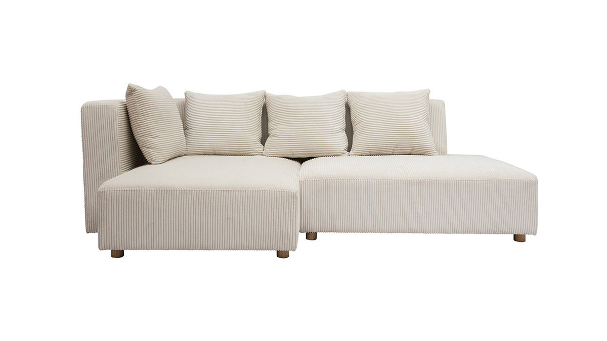 Ecksofa links 3-Sitzer aus beigem Cord-Flachgewebe und hellem Holz HARLEM