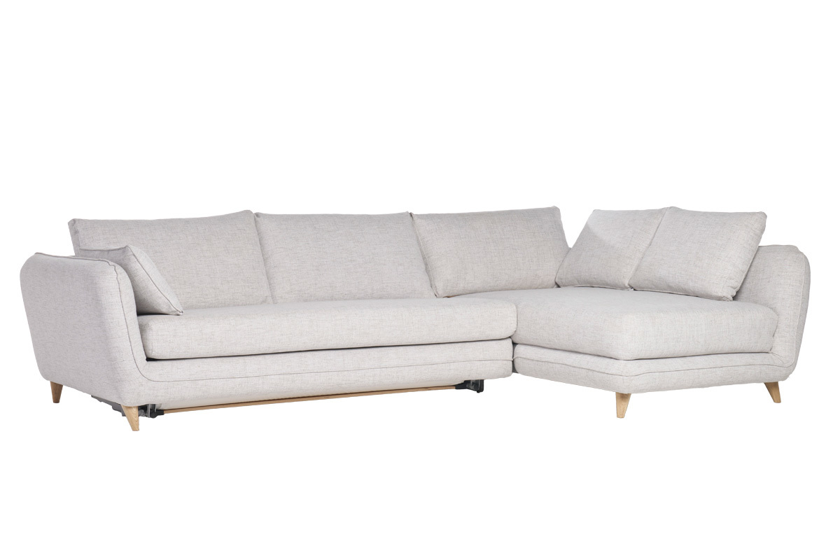 Ecksofa mit 5 Sitzpltzen, umwandelbar, skandinavisches Design, in hellgrauem meliertem Stoff und hellem Holz CREEP