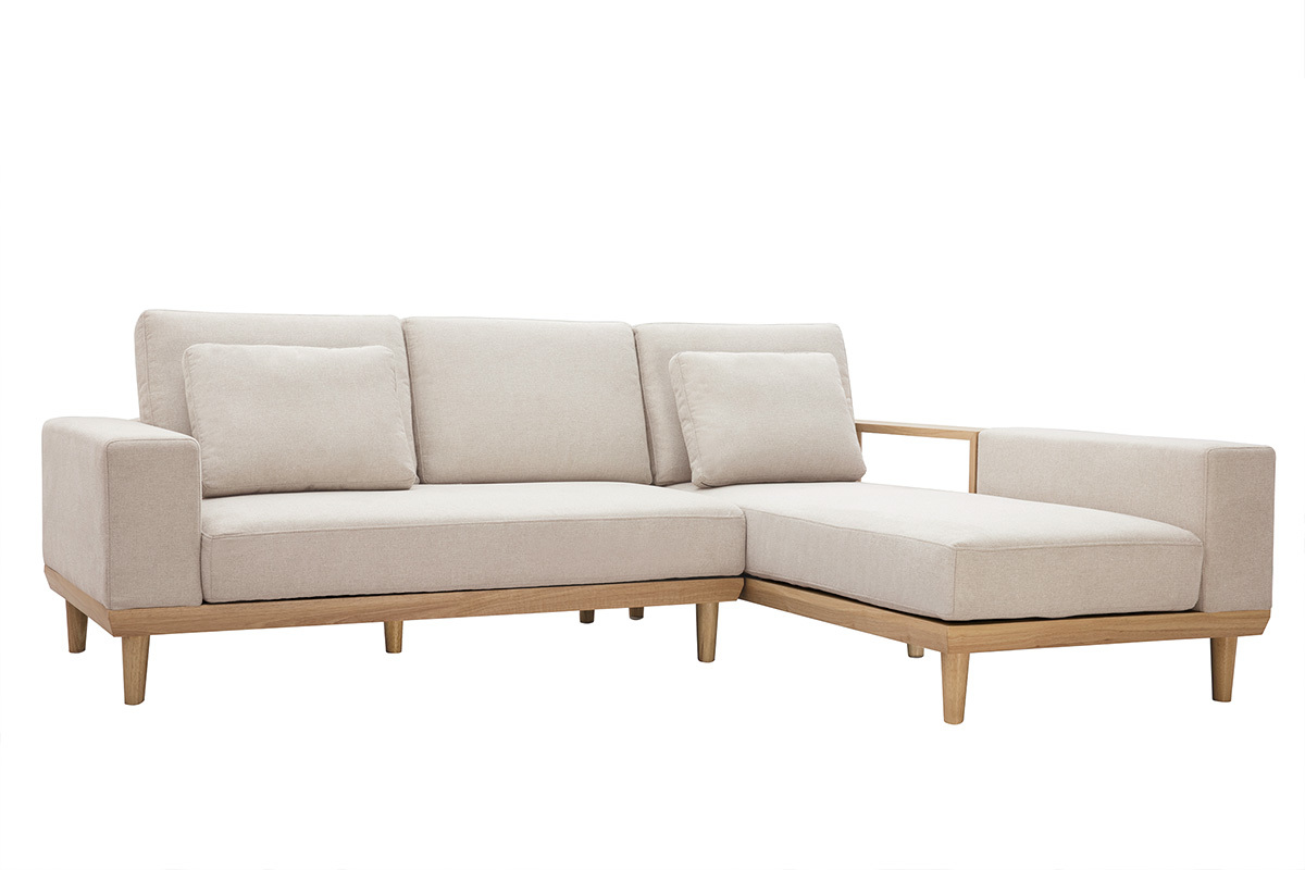 Ecksofa rechts 5-Sitzer mit Stauraum beiger Stoff mit strukturiertem Samteffekt und helles Holz KOMAO