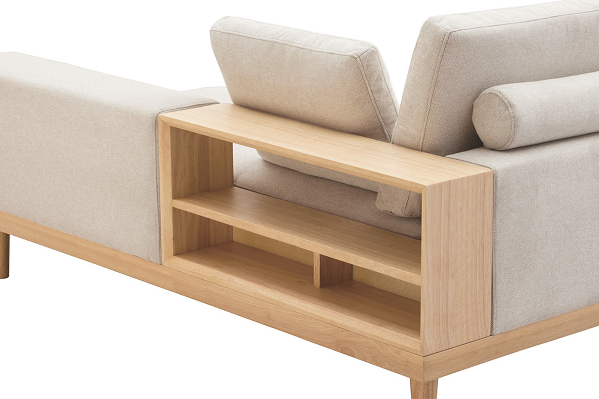 Ecksofa rechts 5-Sitzer mit Stauraum beiger Stoff mit strukturiertem Samteffekt und helles Holz KOMAO