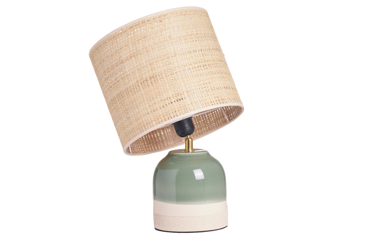 Grne Keramiktischlampe mit Rattanlampenschirm H35 cm PIEGA