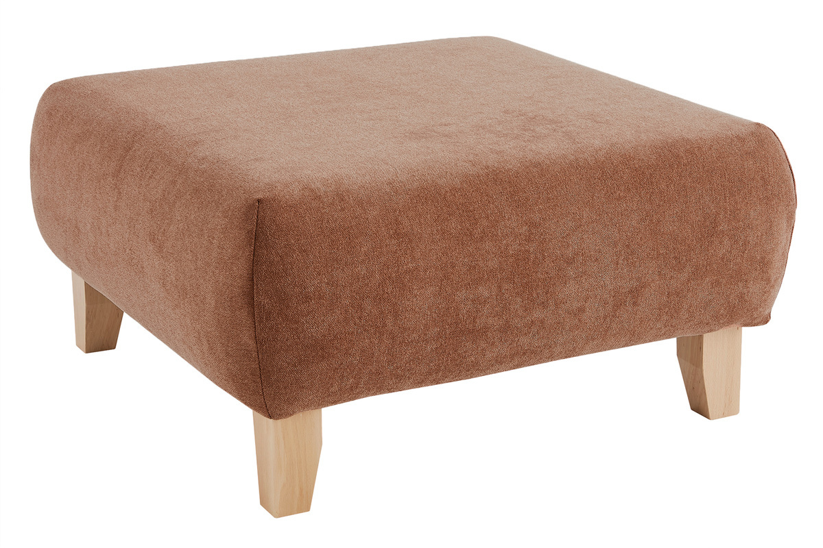 Hocker/Fusttze aus Stoff mit strukturiertem Samteffekt in Terracotta und hellem Massivholz B75 cm ODEON