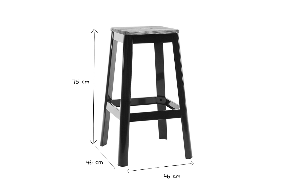 Industrial-Barhocker aus schwarzem Metall und Holz H75 cm (2er-Pack) NICK