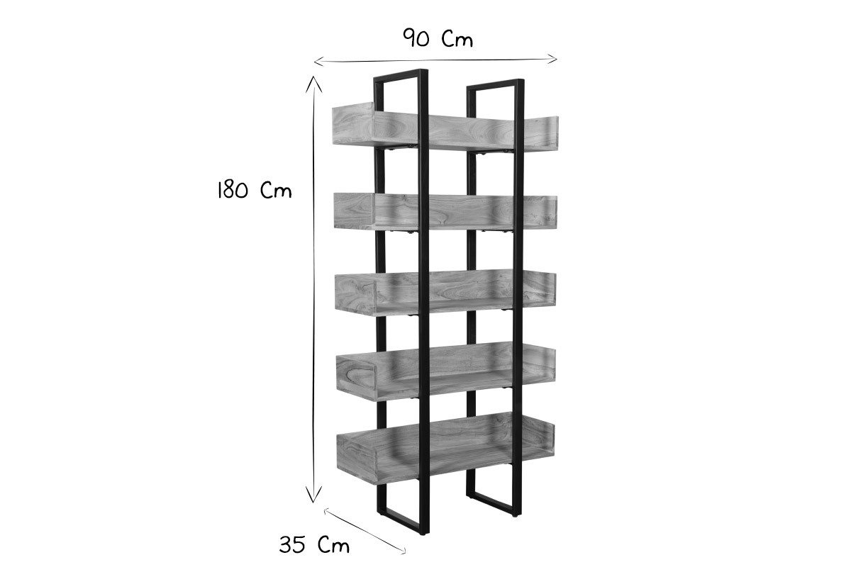 Industrieller Bcherschrank aus massivem Akazienholz und schwarzem Metall L90 cm TAO