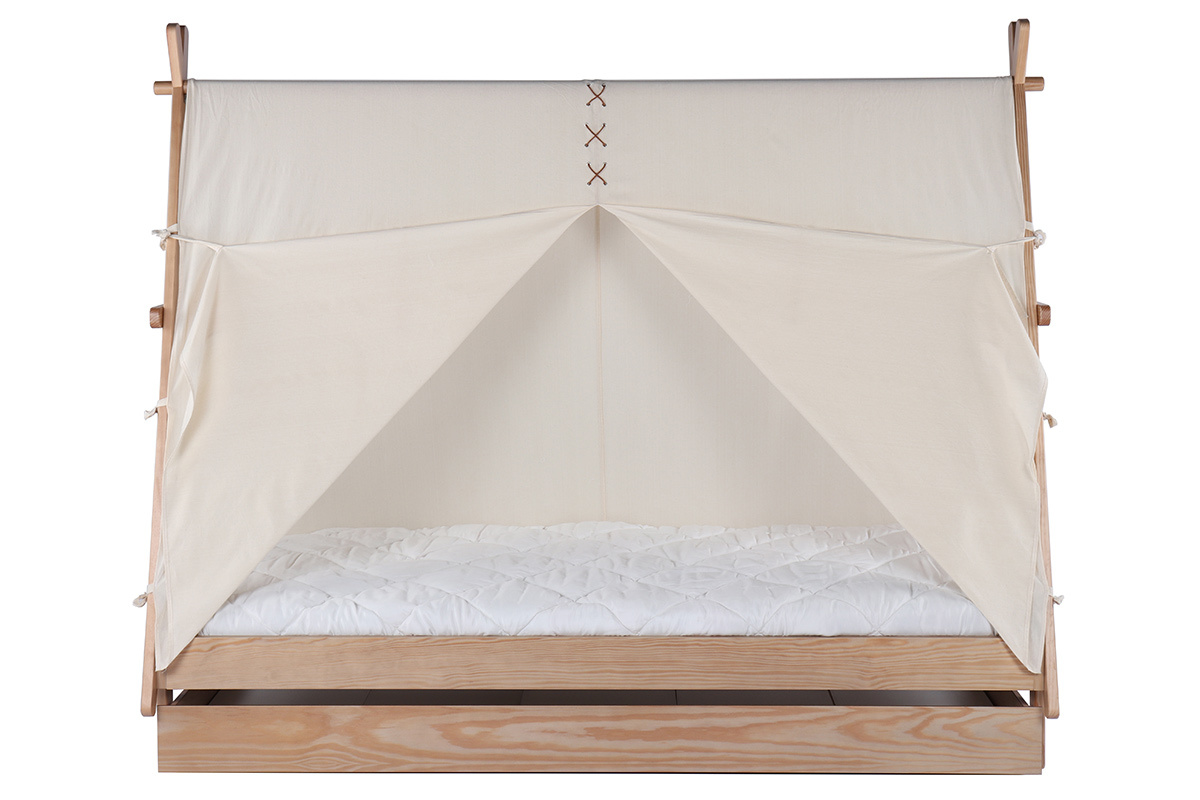 Kinderbett Tipi mit Aufbewahrung Holz und Baumwolle Naturfarben APACHE