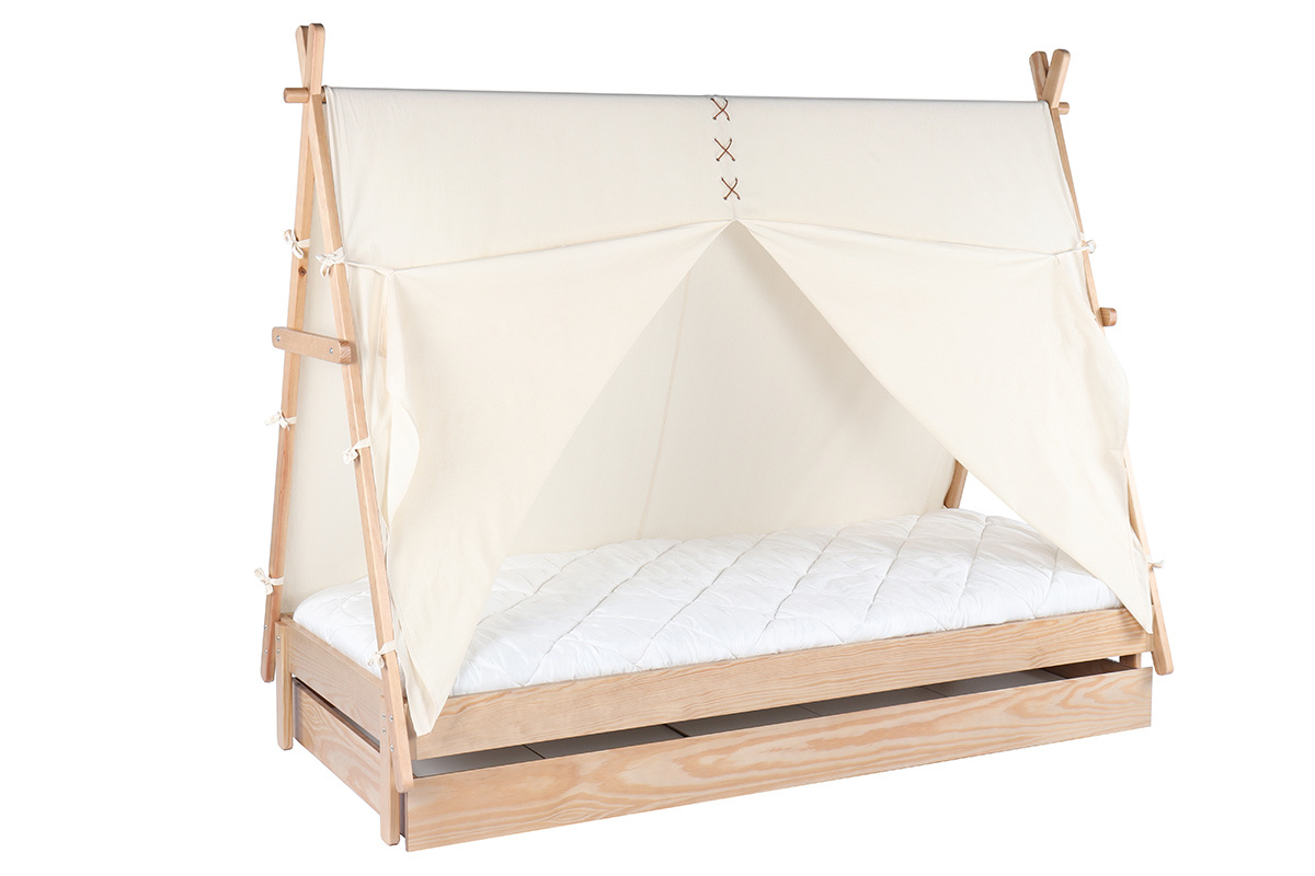 Kinderbett Tipi mit Aufbewahrung Holz und Baumwolle Naturfarben APACHE