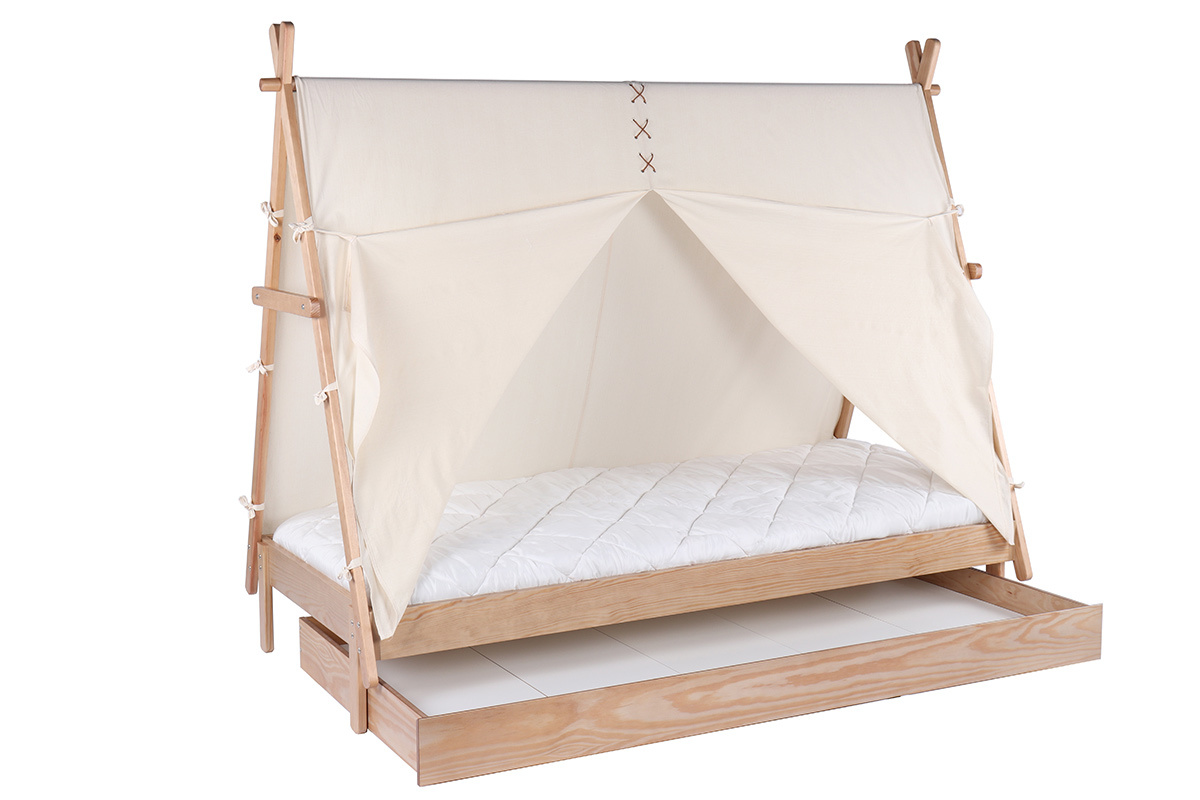 Kinderbett Tipi mit Aufbewahrung Holz und Baumwolle Naturfarben APACHE