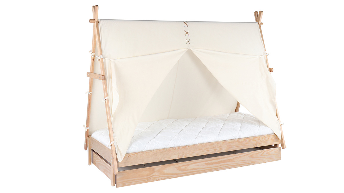 Kinderbett Tipi mit Aufbewahrung Holz und Baumwolle Naturfarben APACHE