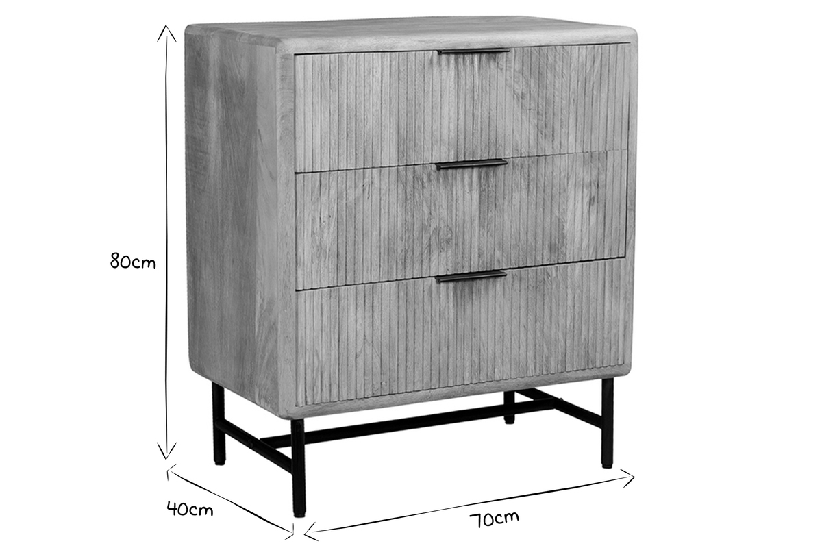 Kommode aus massivem Mangoholz mit Gravur und schwarzem Metall 3 Schubladen L70 cm MORISSON