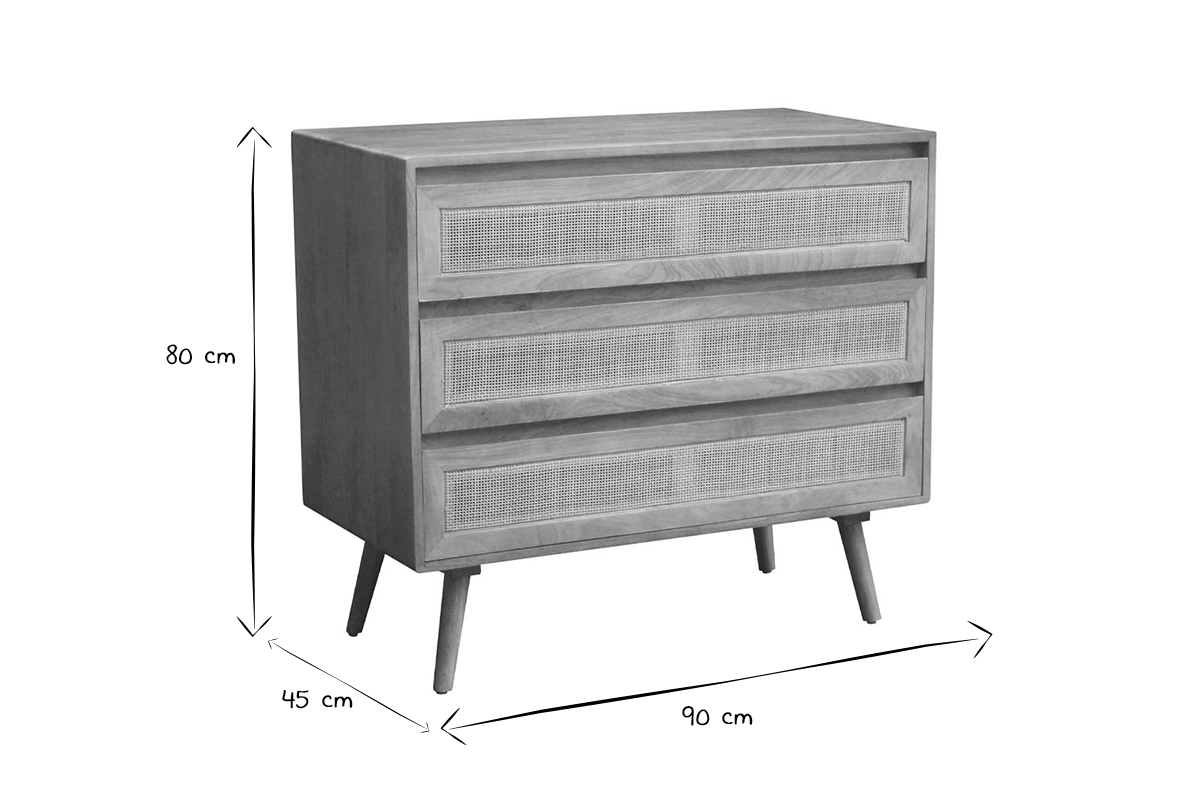 Kommode aus massivem Mangoholz und Rattan-Rohrgeflecht 3 Schubladen B90 cm ACANGE