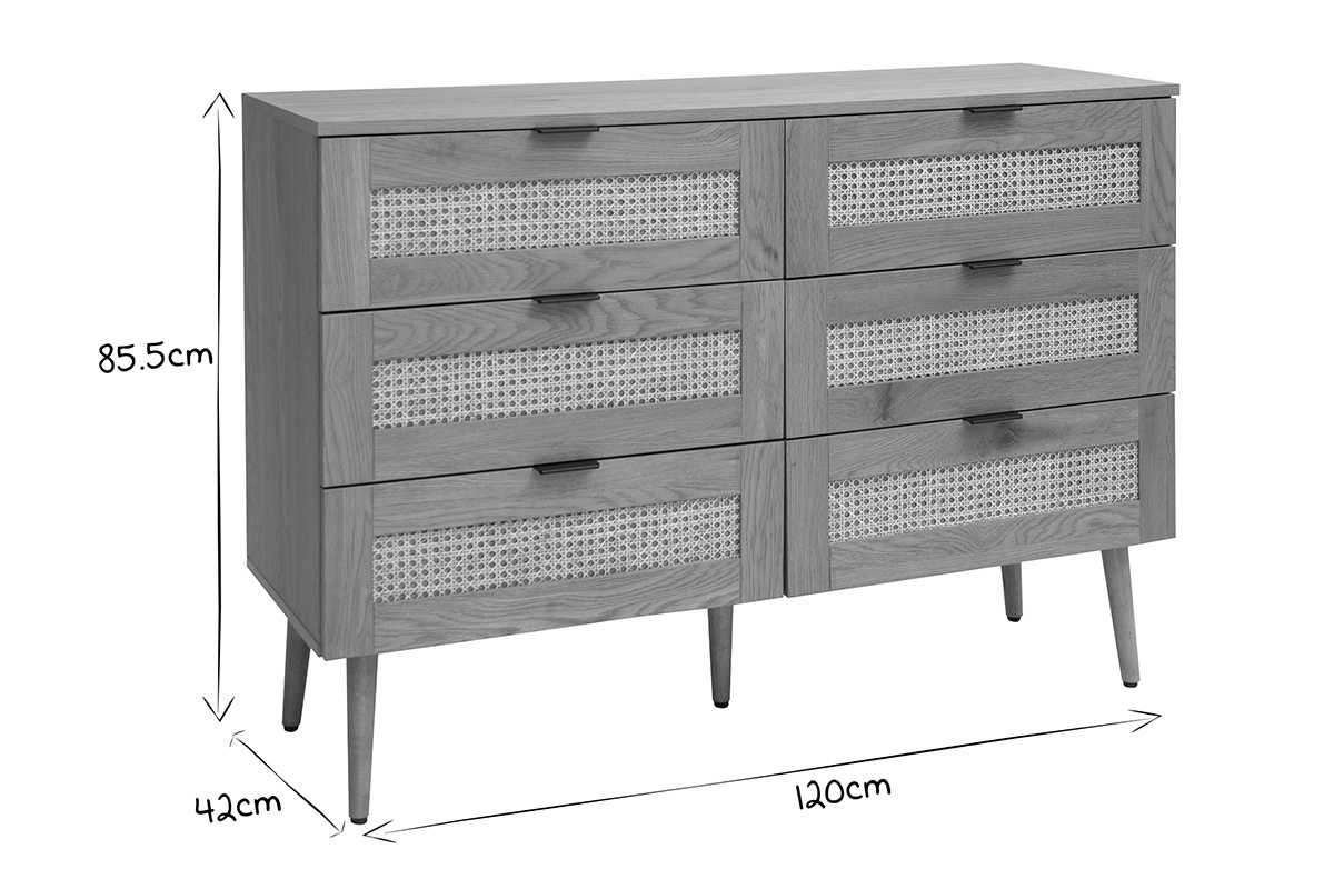 Kommode mit heller Holzoberflche, Rattan und schwarzem Metall, 3 Schubladen L120 cm MANILLE