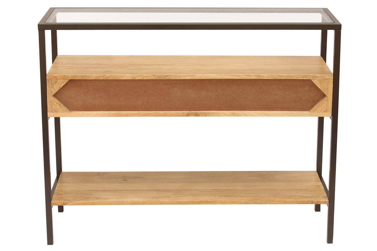 Konsole aus massivem Mangoholz und Glasplatte 2 Schubladen B100 cm SITA