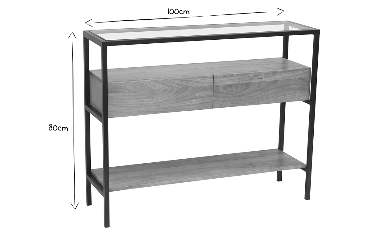 Konsole aus massivem Mangoholz und Glasplatte 2 Schubladen B100 cm SITA