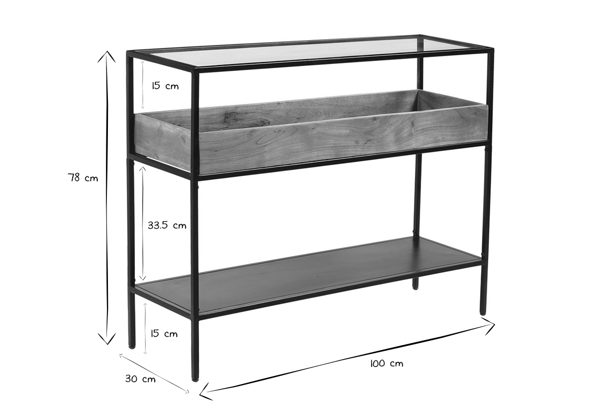 Konsole aus schwarzem Metall mit Glasplatte und Fach aus Massivholz L100 cm HAORA