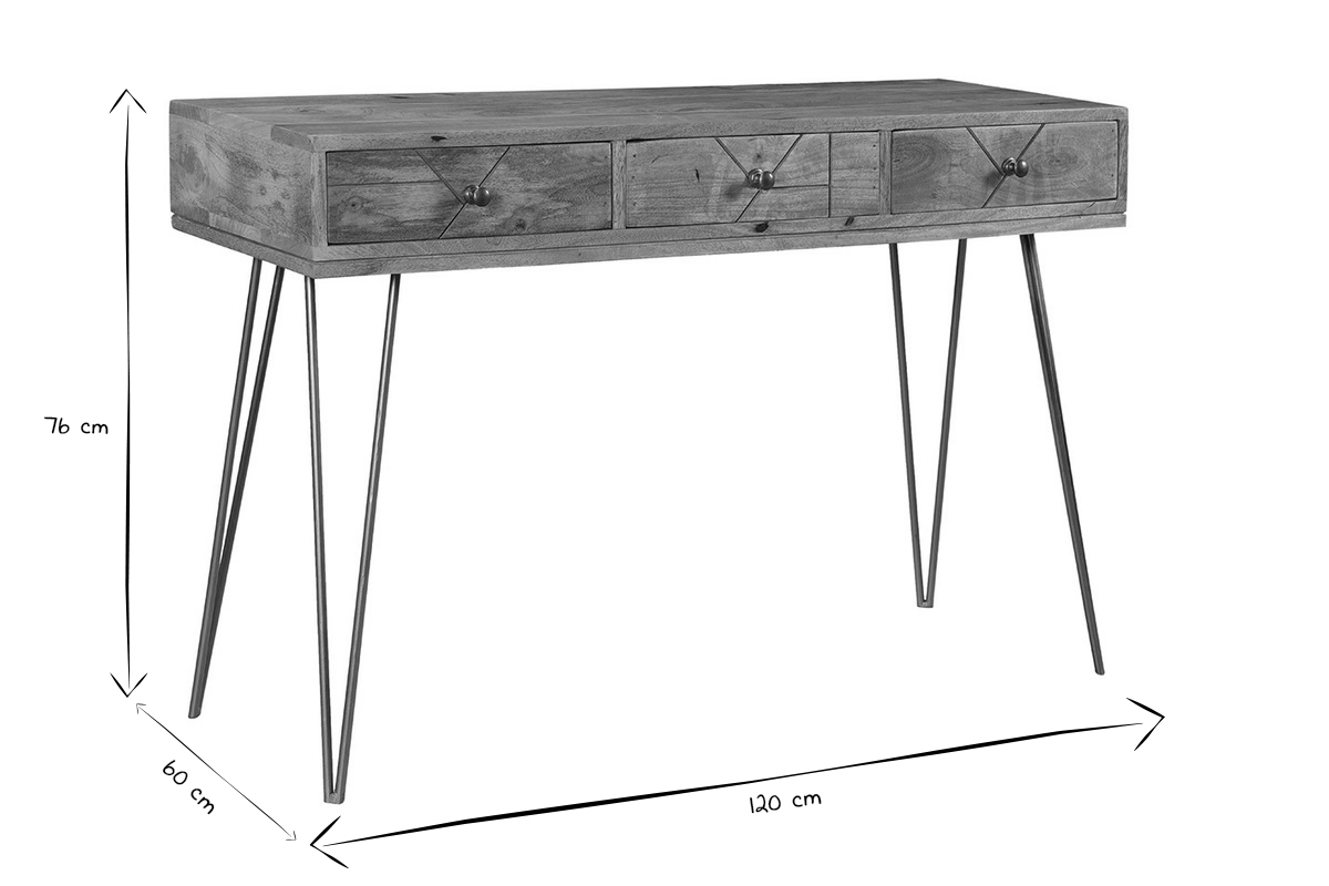 Konsole graviert aus Mangoholz und vergoldetem Metall L120 cm LINIUM