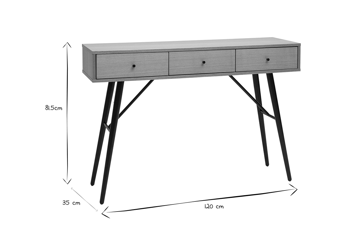 Konsole mit drei Schubladen aus hellem Holz und schwarzem Metall L120 ALSTORIA