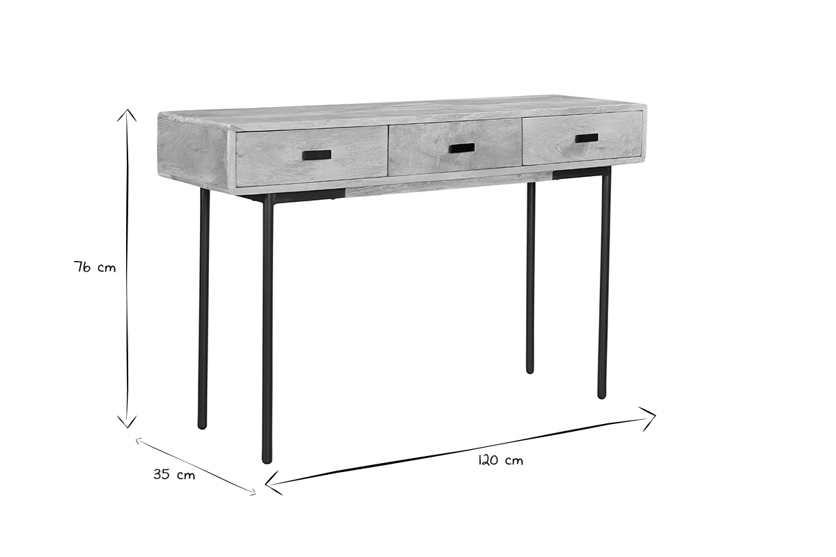 Konsole mit Stauraum 3 Schubladen aus hellem, massiven Mangoholz und schwarzem Metall B120 cm JUDE