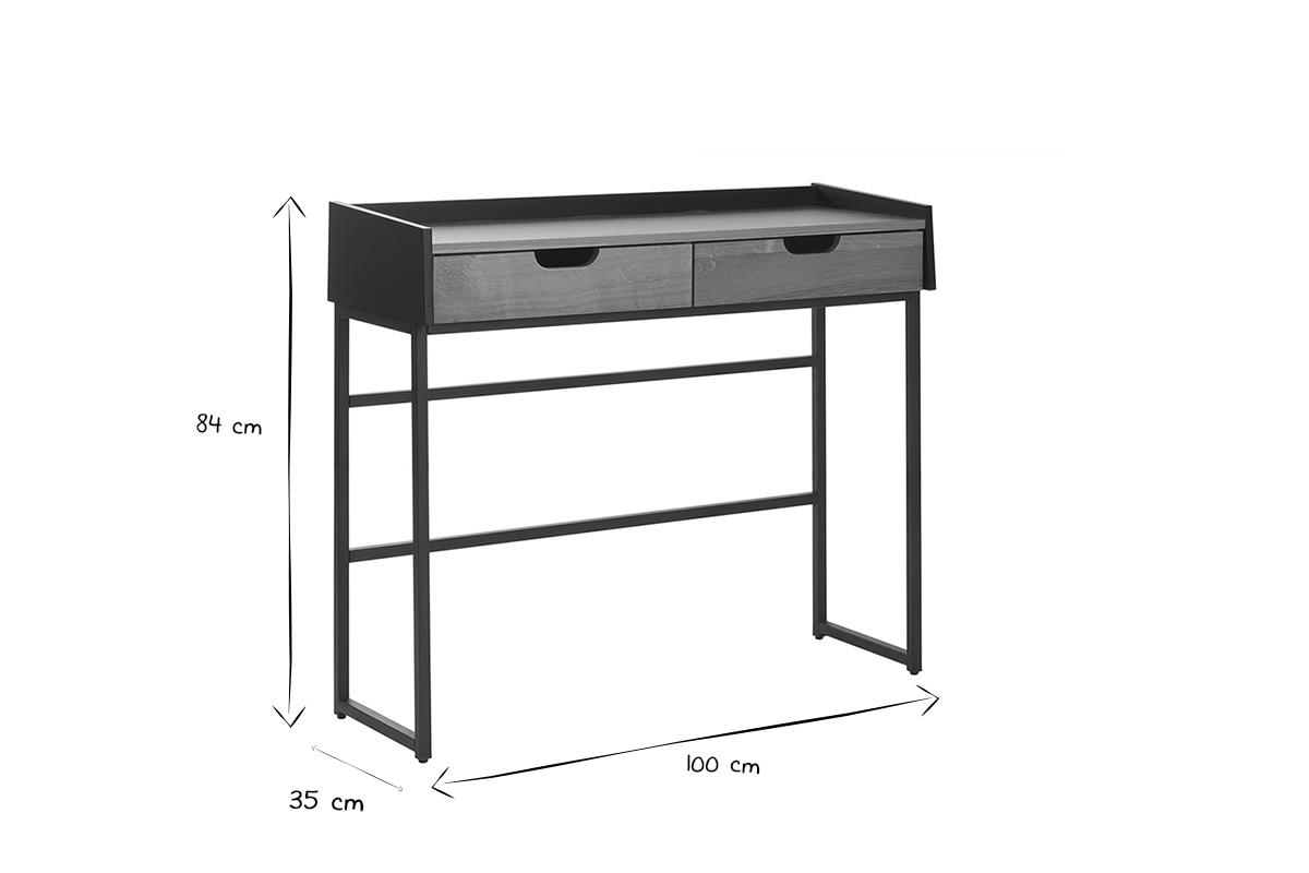 Konsolenschreibtisch mit Ablagen 2 Schubladen helle Eiche und schwarzes Metall B100 cm RIZZ