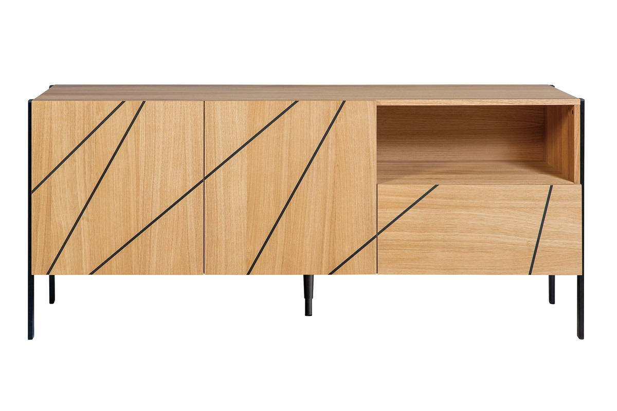 Modernes Sideboard mit eingraviertem Motiv in Eichenholz und schwarzes Metall B175 cm ICODE