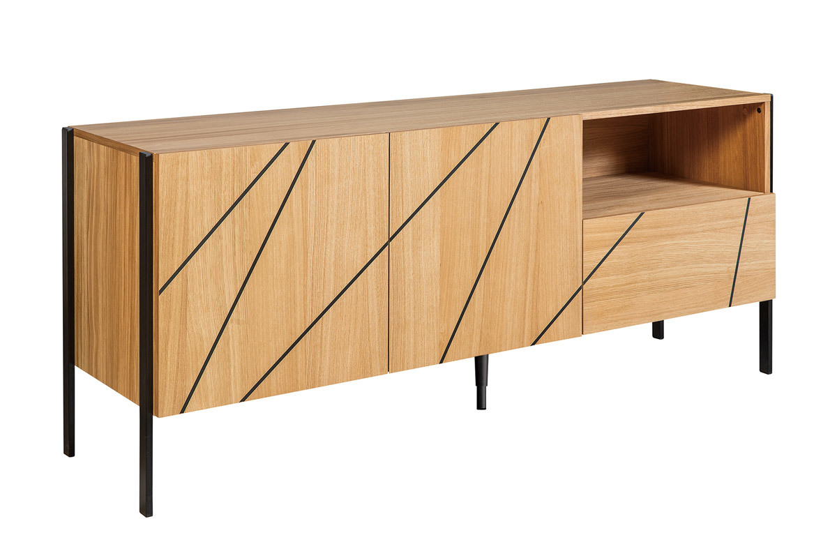 Modernes Sideboard mit eingraviertem Motiv in Eichenholz und schwarzes Metall B175 cm ICODE