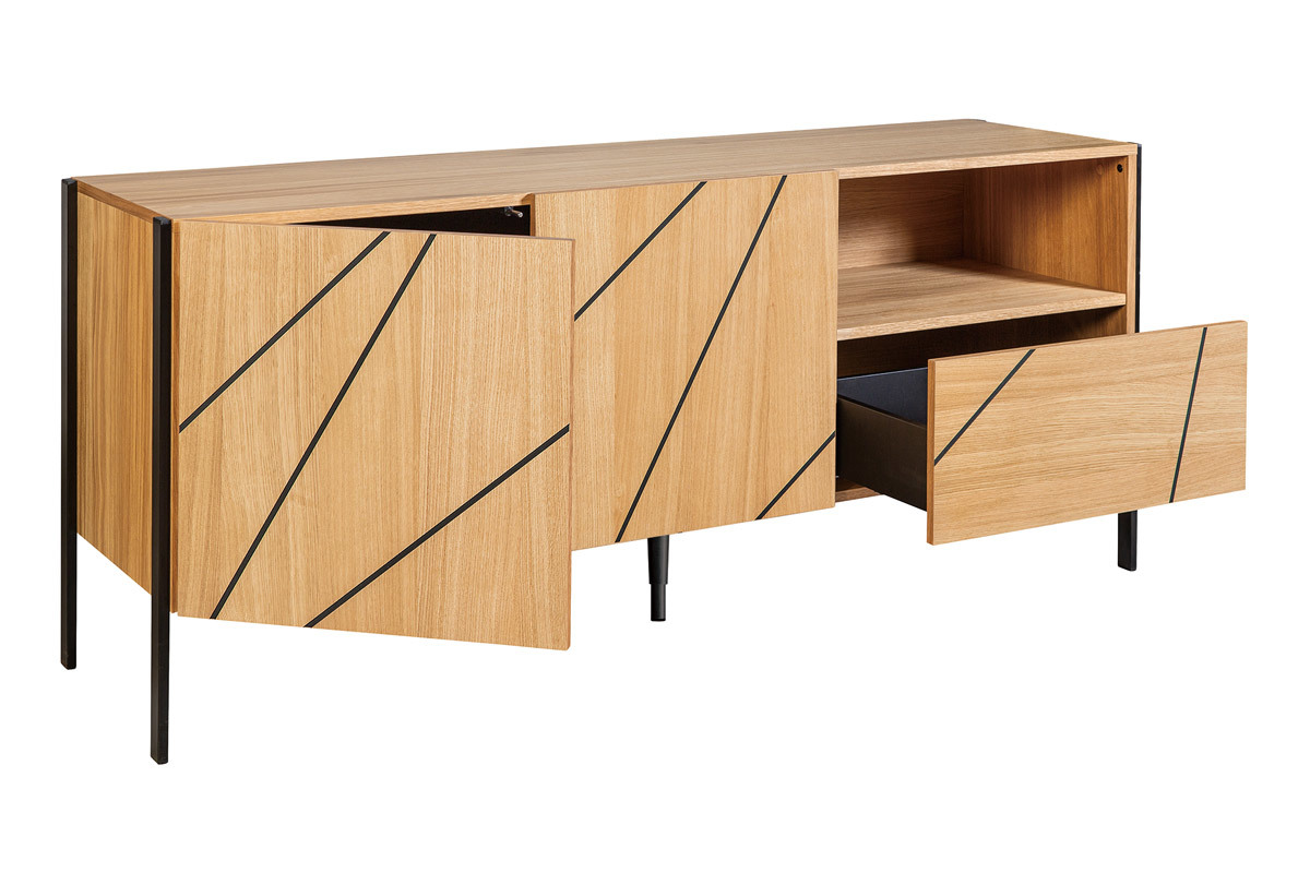 Modernes Sideboard mit eingraviertem Motiv in Eichenholz und schwarzes Metall B175 cm ICODE