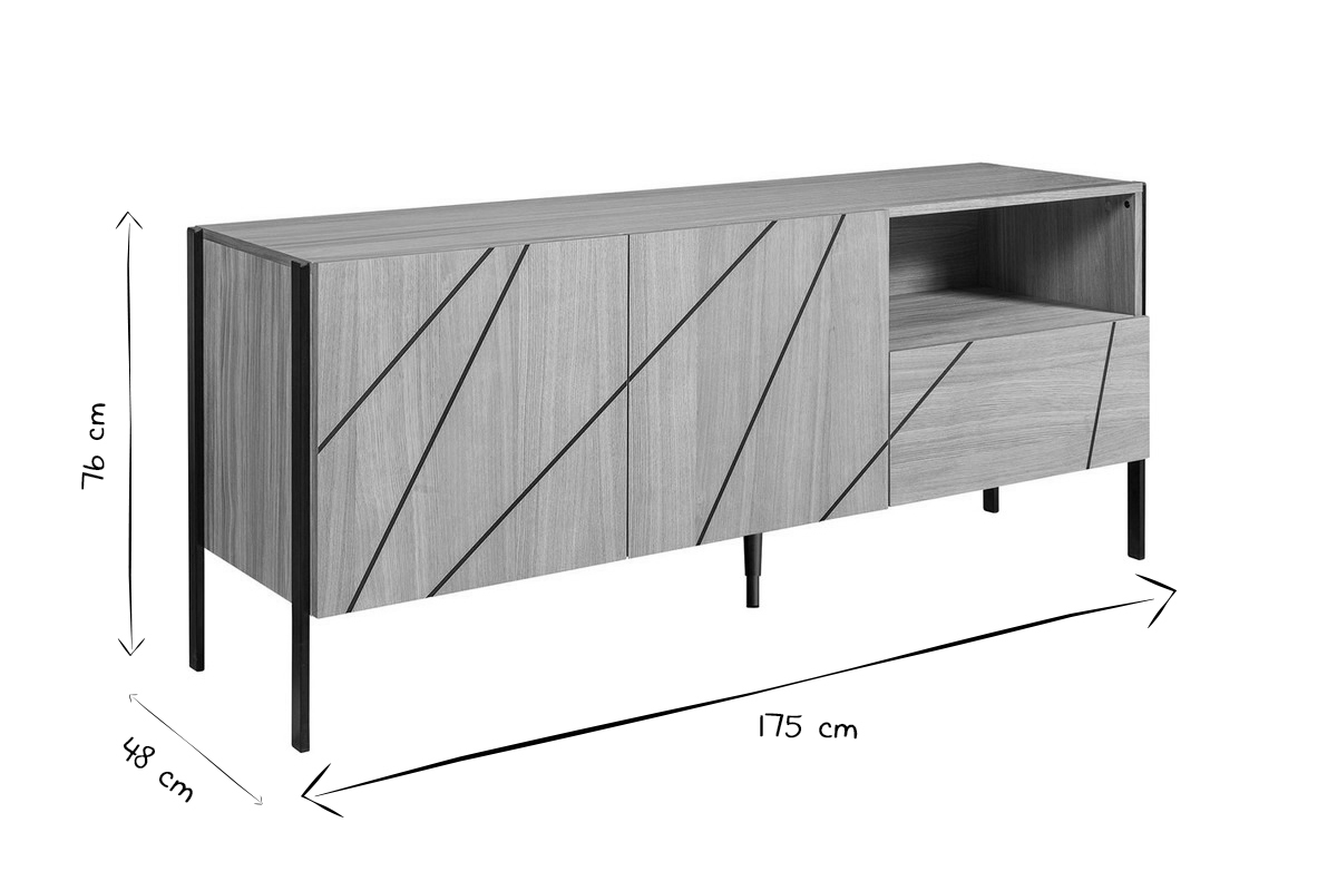 Modernes Sideboard mit eingraviertem Motiv in Eichenholz und schwarzes Metall B175 cm ICODE