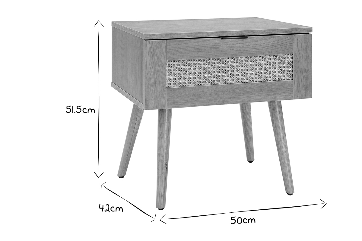 Nachttisch aus hellem Holz, Rattangeflecht und schwarzem Metall L50cm MANILLE