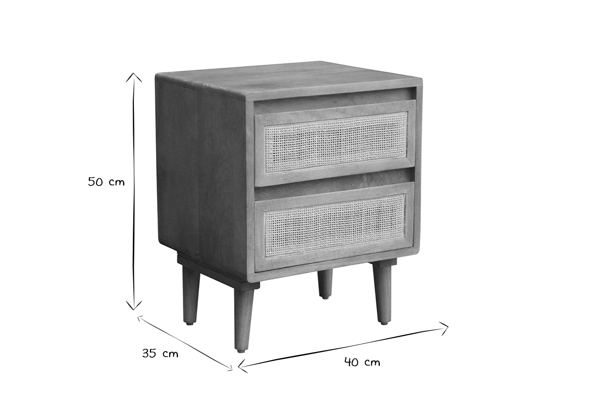 Nachttisch aus massivem Mangoholz und Rattangeflecht mit Stauraum 2 Schubladen B40 cm ACANGE