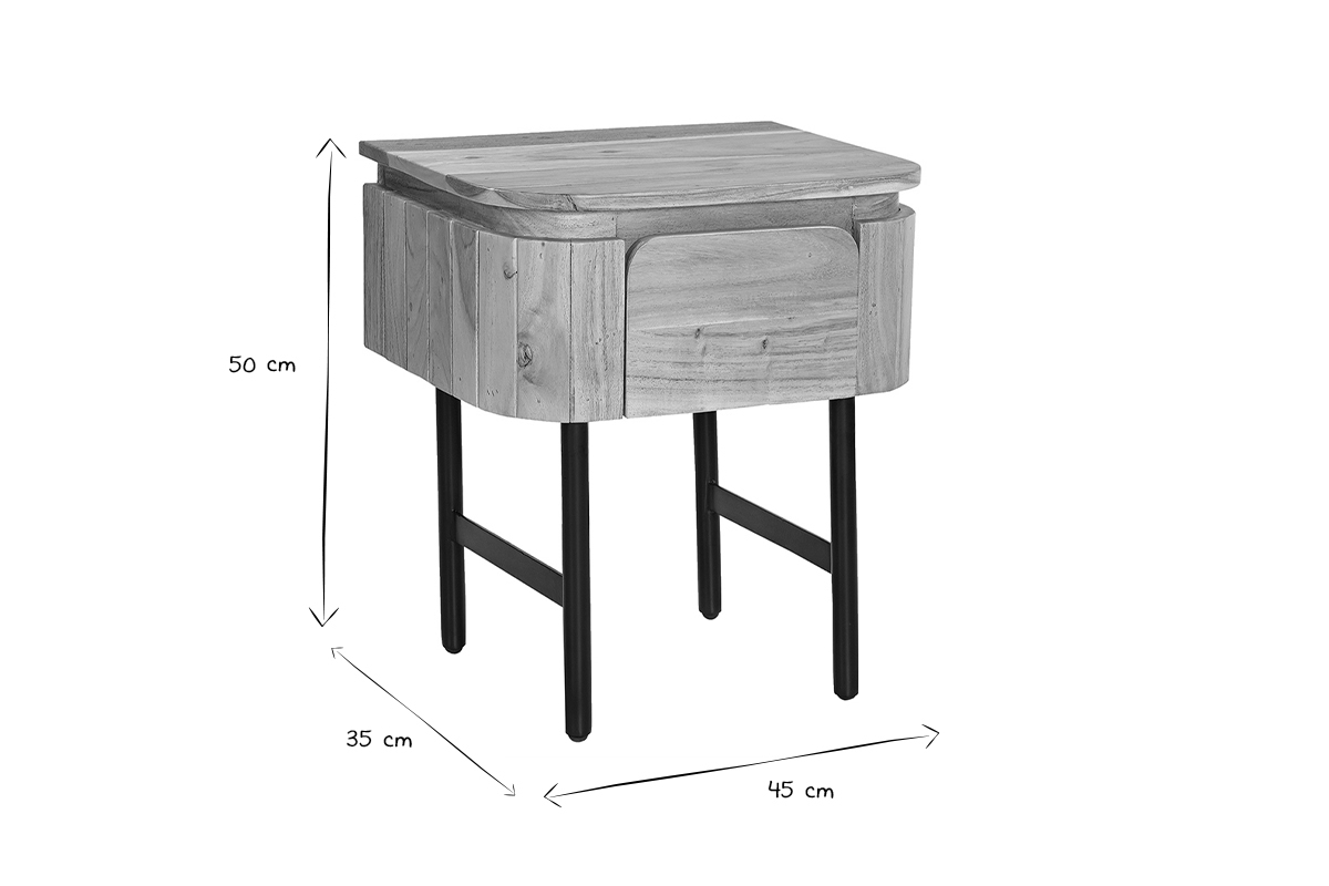 Nachttisch aus Massivholz und schwarzem Metall mit Schublade B45 cm NAPOLI