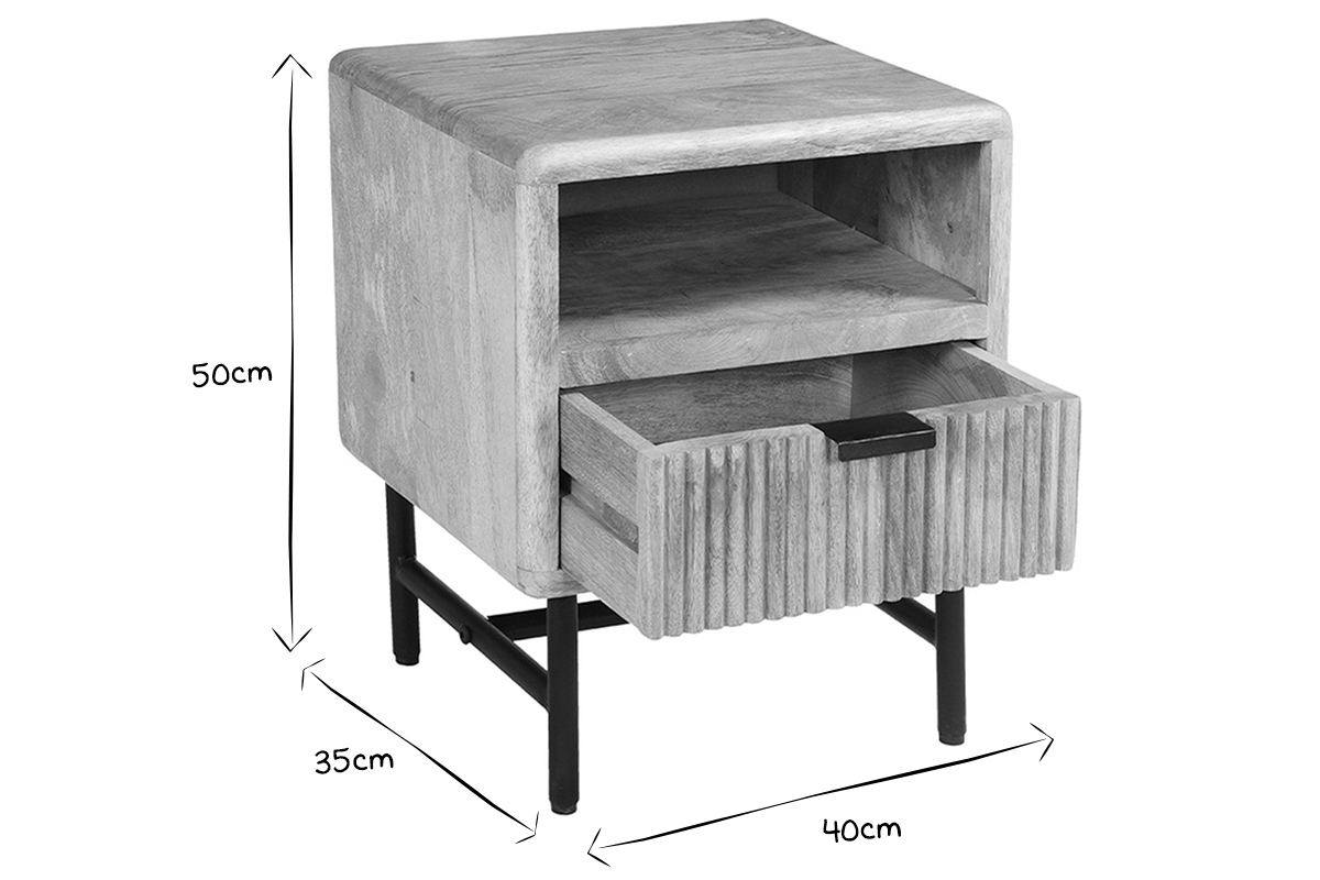 Nachttisch mit Ablagefchern aus hellem, massivem Mangoholz mit Gravuren und schwarzem Metall B40 cm MORISSON