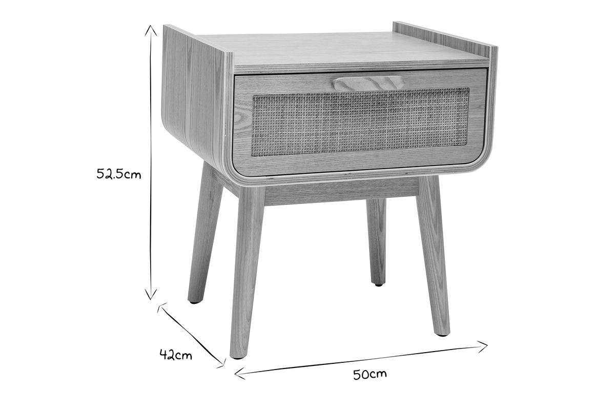 Nachttisch mit Schublade aus hellem Massivholz und Rattangeflecht B50 cm ATHNE