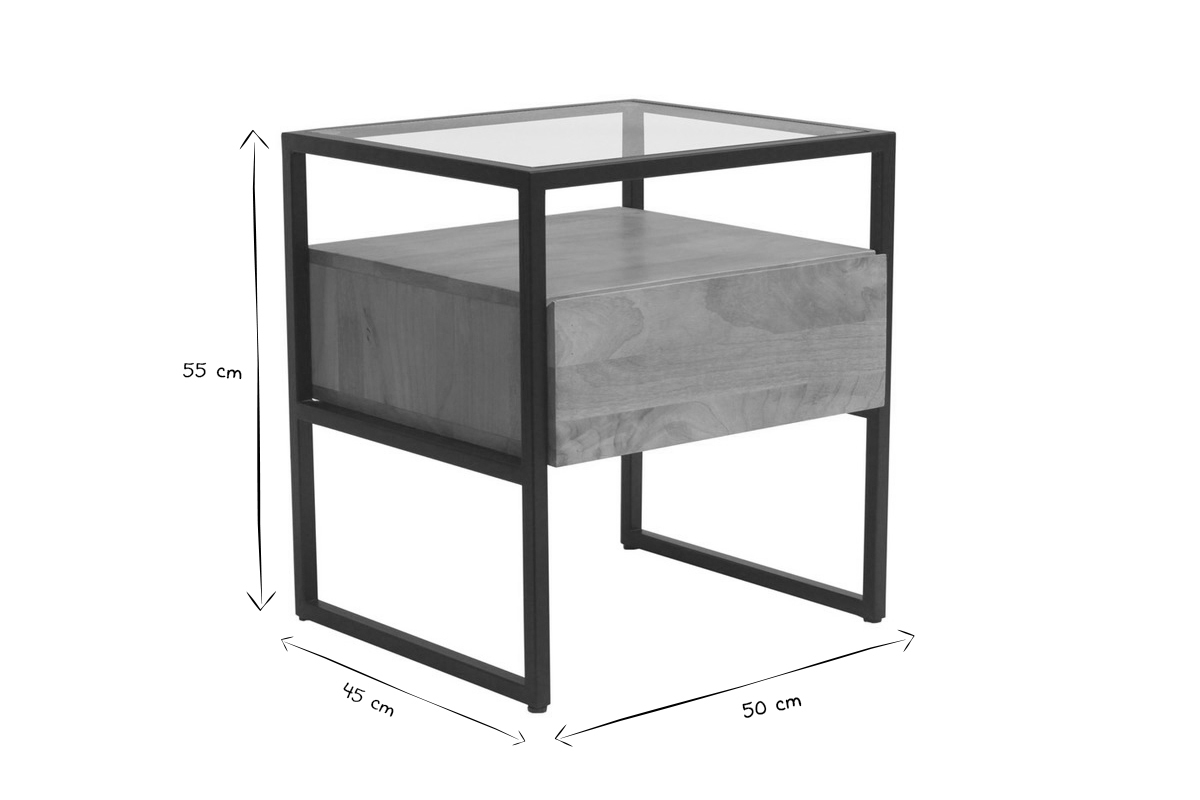 Nachttisch mit Schublade aus massivem Mangoholz, Glas und schwarzem Metall B50 cm DIYA