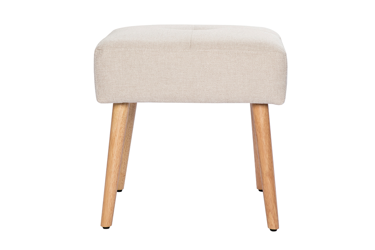 Niedriger Hocker aus Stoff mit strukturiertem Samteffekt in Beige und hellem Massivholz H46 cm GUESTA