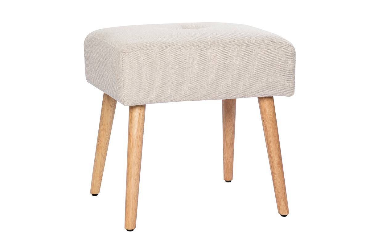 Niedriger Hocker aus Stoff mit strukturiertem Samteffekt in Beige und hellem Massivholz H46 cm GUESTA