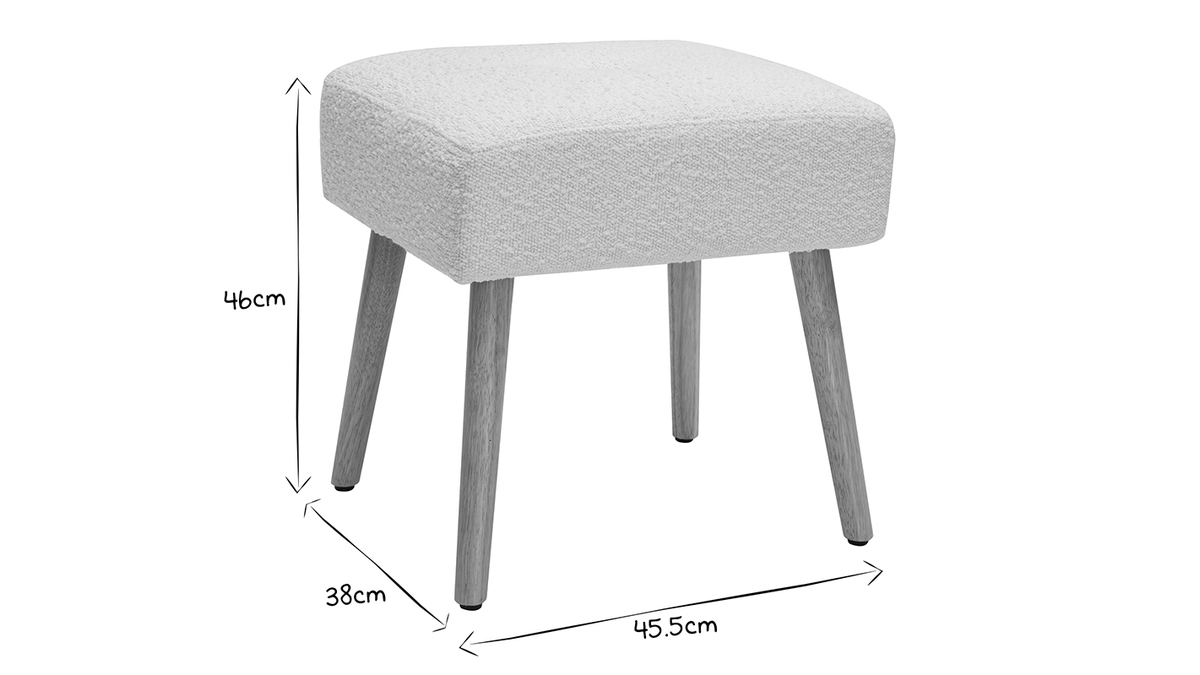 Niedriger Hocker aus weiem Stoff mit Boucl-Wolleffekt und hellem Massivholz H46 cm GUESTA