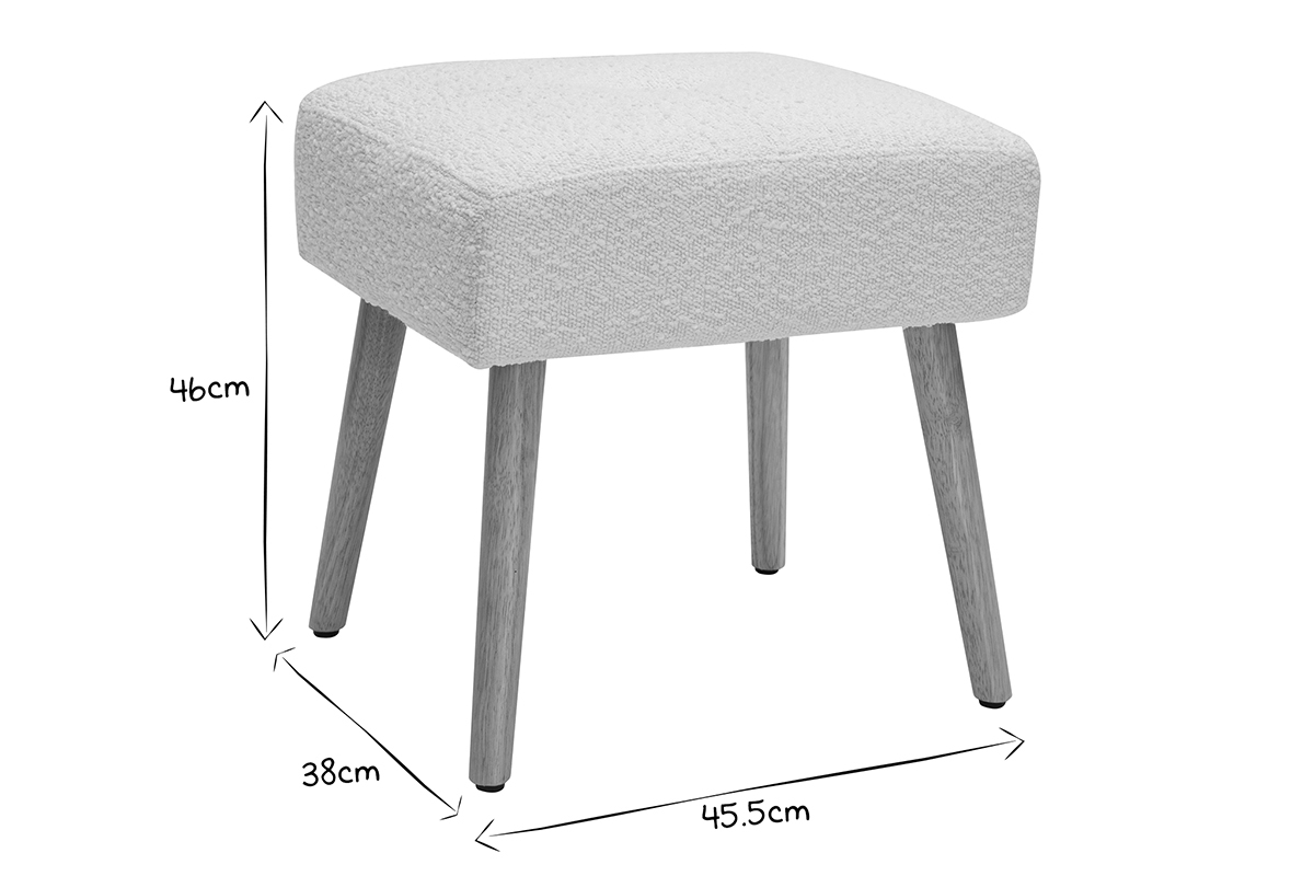 Niedriger Hocker aus weiem Stoff mit Boucl-Wolleffekt und hellem Massivholz H46 cm GUESTA