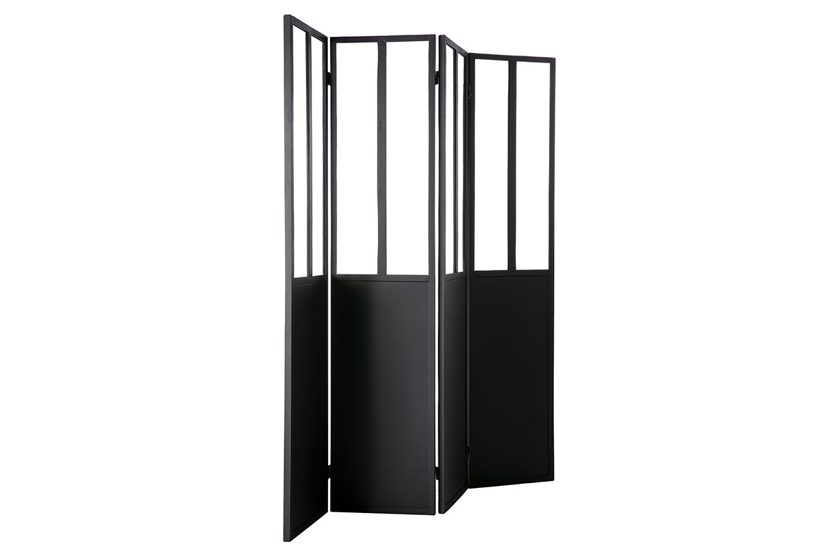 Paravent 4 Flgel aus Metall Schwarz und Glas RACK