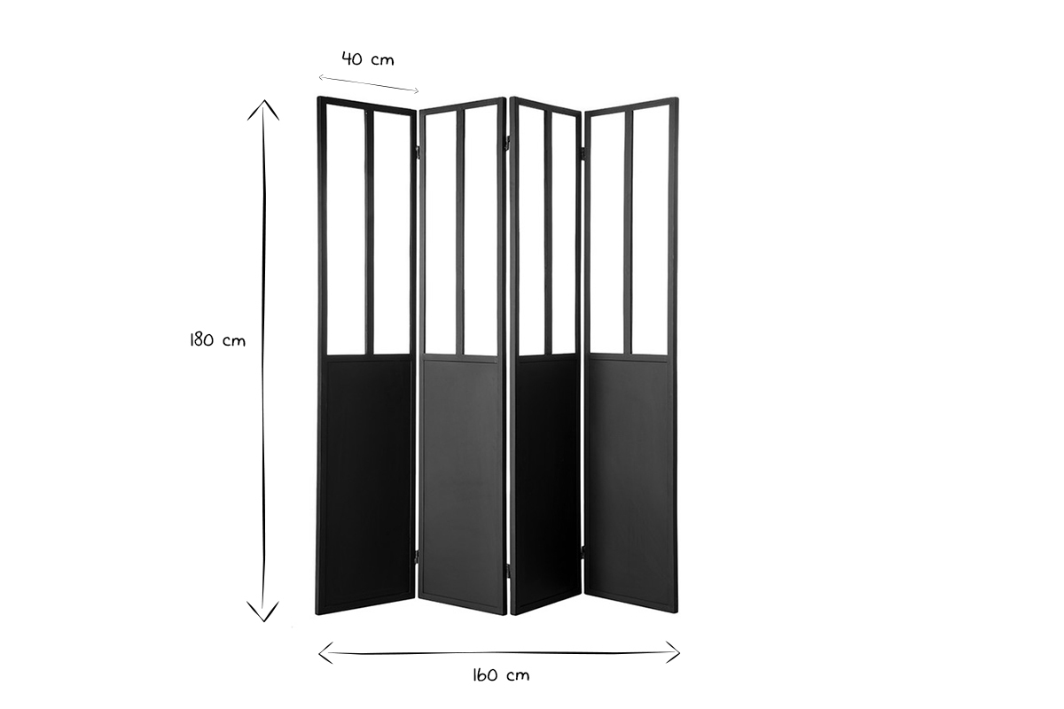 Paravent 4 Flgel aus Metall Schwarz und Glas RACK