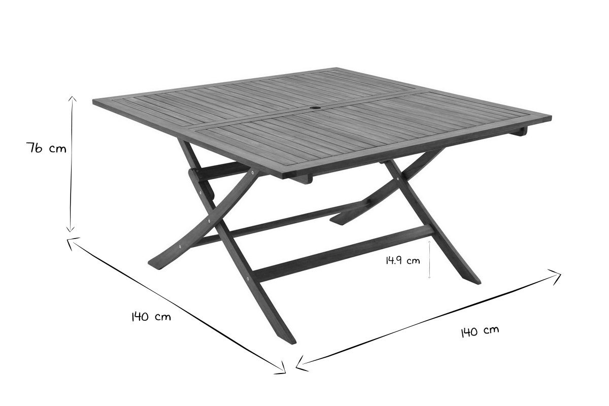 Quadratischer klappbarer Gartentisch aus Massivholz B140 cm SANTIAGO