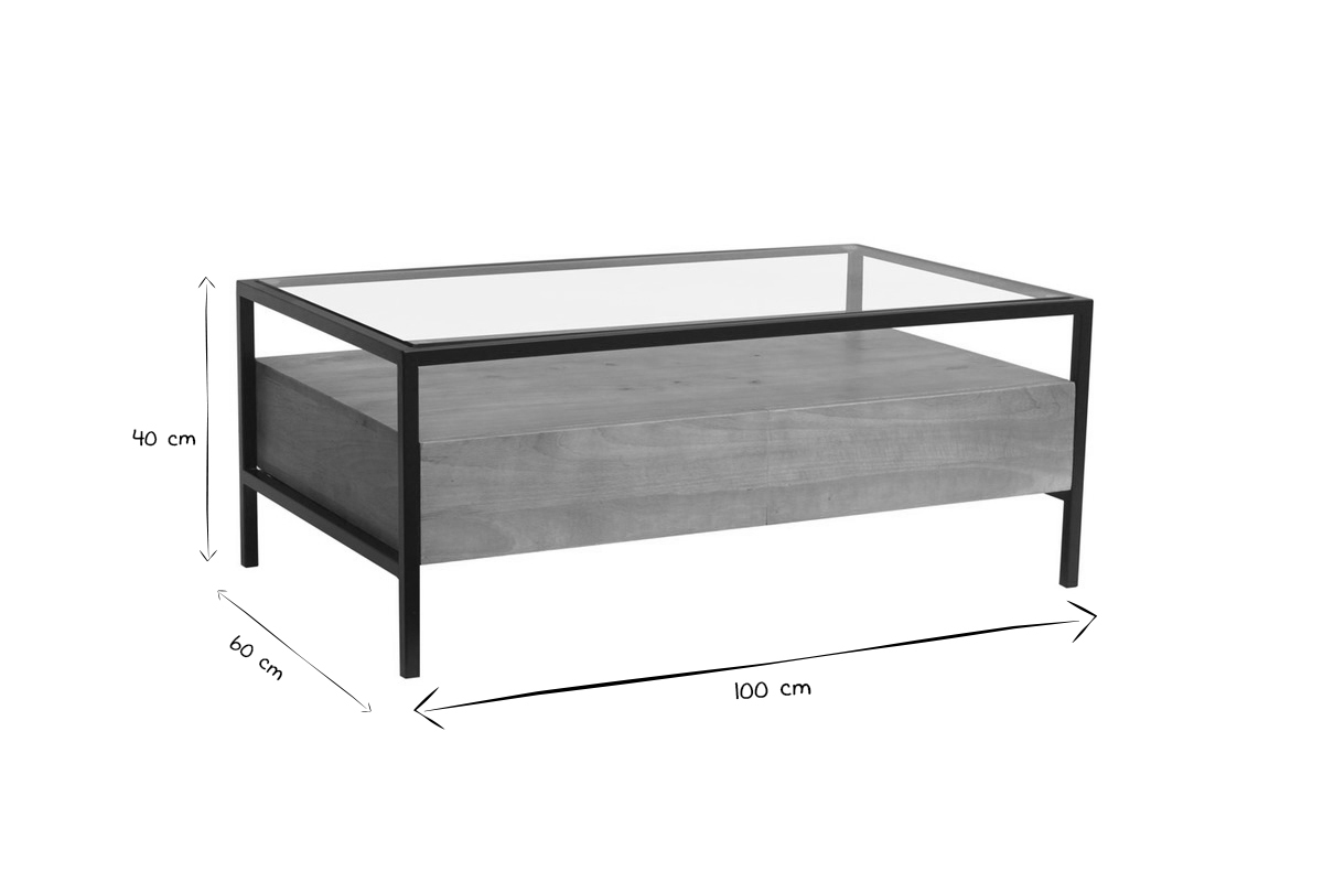 Rechteckiger Couchtisch mit Stauraum aus massivem Mangoholz, Glas und schwarzem Metall B100 cm SITA