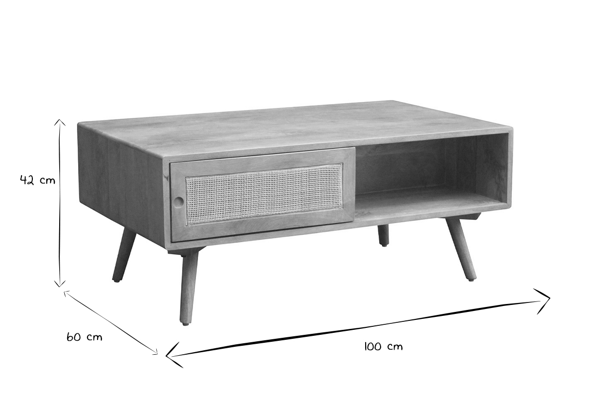 Rechteckiger Couchtisch mit Stauraum aus massivem Mangoholz und Rattangeflecht B100 cm ACANGE