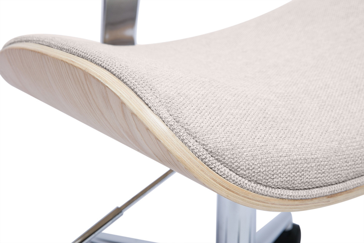 Rollender Brostuhl im Design aus Textur-Veloursstoff in Beige, helles Eichenholz und Metall MALMO