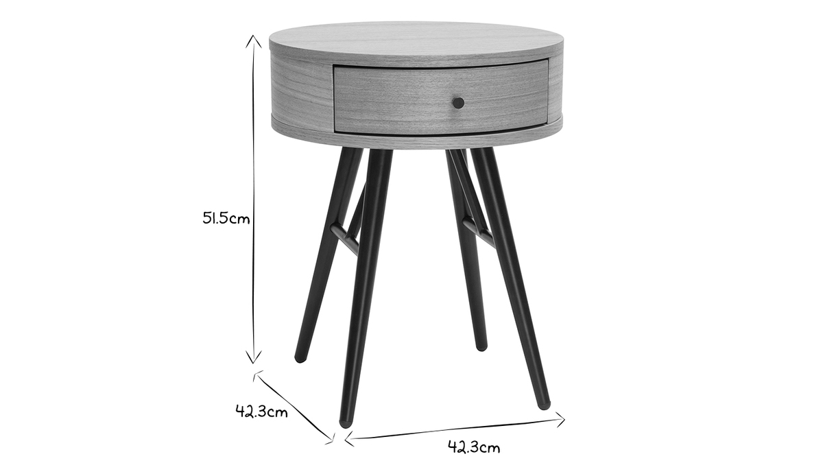 Runde Nachttische mit Schublade aus hellem Holz und schwarzem Metall D41 cm (2er-Set) KORAL