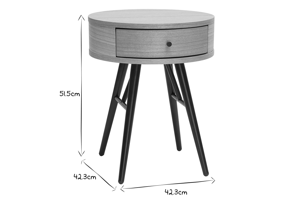 Runde Nachttische mit Schublade aus hellem Holz und schwarzem Metall D41 cm (2er-Set) KORAL