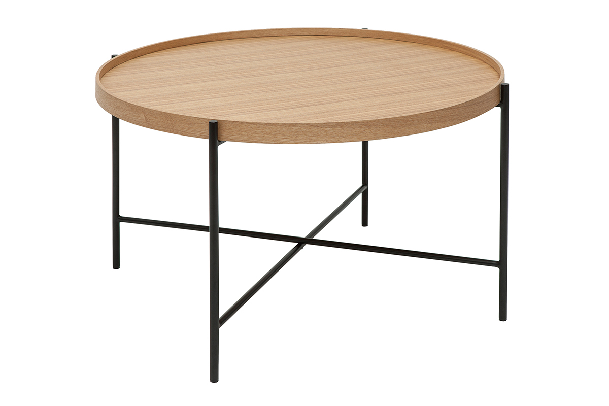 Runder Couchtisch aus hellem Holz und schwarzem Metall D75 cm BASSY